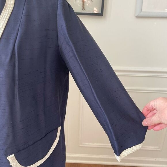 Vintage Mix & Match Dark Blue Sheath Dress Long Blazer Ivory Trim XS - Picture 6 of 13